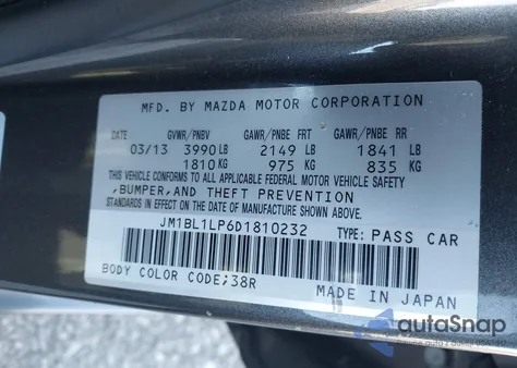 2013 Mazda Mazda3 I Touring from USA, damaged, VIN JM1BL1LP6D1810232